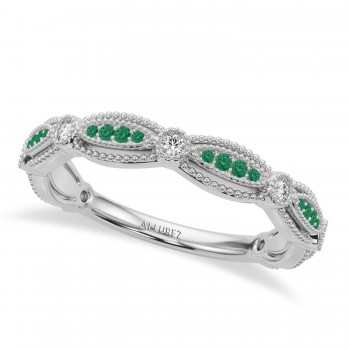 Antique Style Emerald & Diamond Wedding Ring Band 14K White Gold (0.20ct)